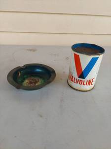 lot 1037 image: Valvoline Motor Oil Tin Can and Metal Ashtray Set