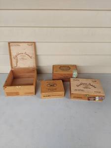 lot 1084 image: Lot of 4 Wooden Cigar Boxes - Caribbean Rounds, Caribbean Petites, Te-Amo, Excalibur