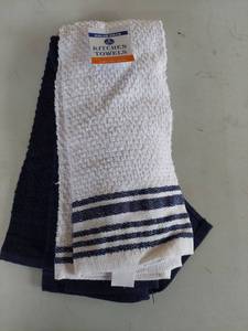 lot 1123 image: 3-Pack Cotton Kitchen Towels Navy and White Stripe
