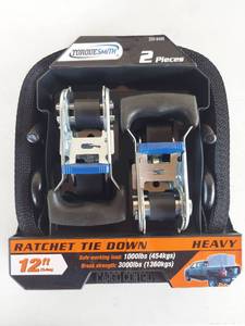 lot 1128 image: TorqueSmith Heavy Duty Ratchet Tie Down Straps 12ft 2-Pack