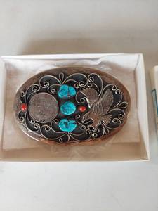 lot 1137 image: Southwestern Eagle Belt Buckle with Turquoise, Coral, and Dollar Coin