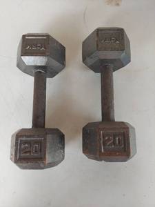 lot 1156 image: York 20 lb Cast Iron Hex Dumbbell Pair