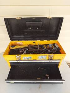 lot 1157 image: Yellow and Black Toolbox with Assorted Hand Tools