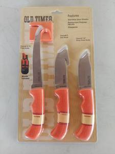 lot 1159 image: Old Timer Schrade 3-Piece Hunting Knife Set with Sheath and Sharpener