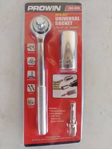 lot 1231 image: Prowin 3-Piece Universal Socket Set with Ratcheting Wrench and Drill Adapter