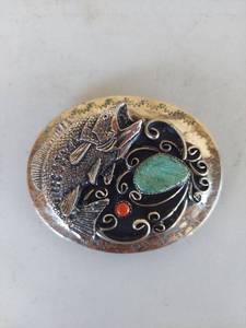lot 1281 image: Native American Style Silver Tone Fish Belt Buckle with Turquoise and Coral Stones