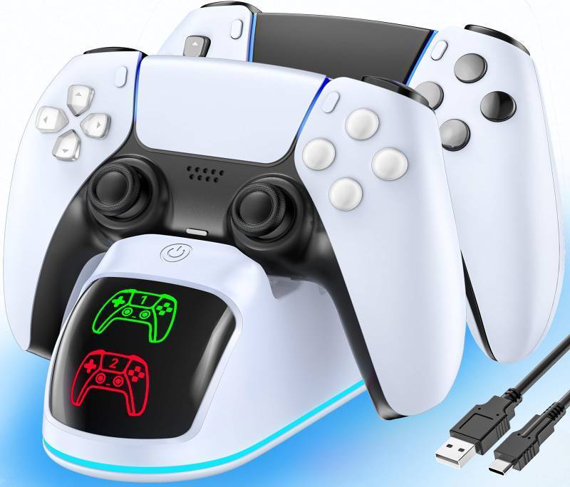 lot 25621 image: Controller Charger for PS5, Dual Charging Dock Station for PlayStation 5 Dualsense & Edge with RGB Light, Fast PS5 Dual Controller Charging Station with Cable for PlayStation Games - Retail $13