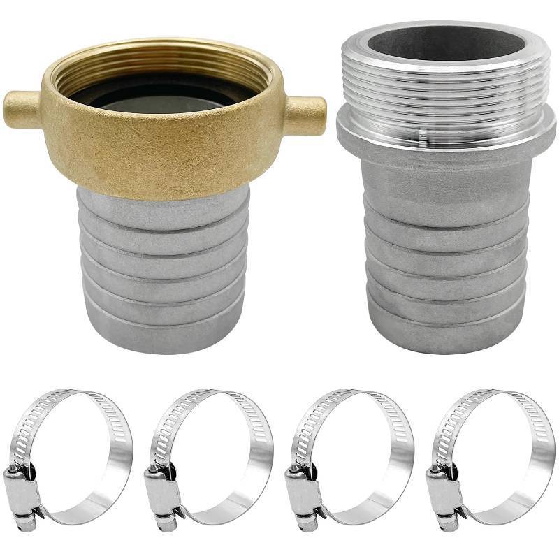 lot 25688 image: BITOTU 2 inch Aluminum Pin Lug Hose Shank Fitting Set, 2 Hose Shank Coupling Set with 4 Hose Clamps (2 inch) - Retail $26