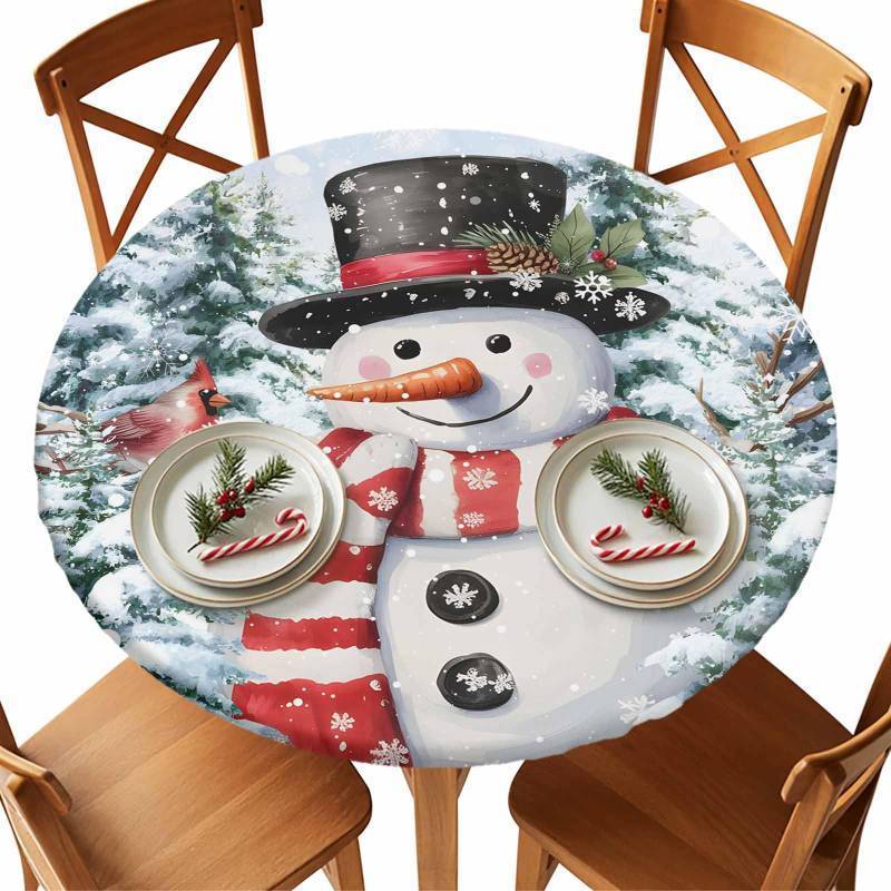 lot 29926 image: EwdeWwo Christmas Elastic Round Tablecloth, Snowman Snowflake Forest Winter Xmas Fitted Tablecloths for Round Table Oil-Proof Waterproof Table Cloth (Fit for 45 - 54 Round Tables)