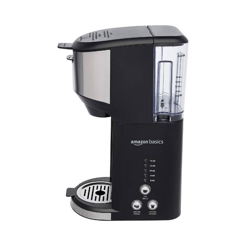 lot 48789 image: Amazon Basics Single Serve Coffee Maker K-Cup, 14 Oz, Black & Stainless Steel Machine, 5.98D x 9.44W x 14.17H - Retail $49