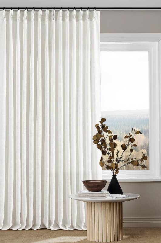lot 48798 image: Off White Linen Pinch Pleated Curtains 80 Inches Long 2 Panels for Living Room Bedroom Beige White Textured Linen Pleated Hooks Rings Back Tab Boho Neutral Light Filter Curtain Drapes 80 Inch Length - Retail $54
