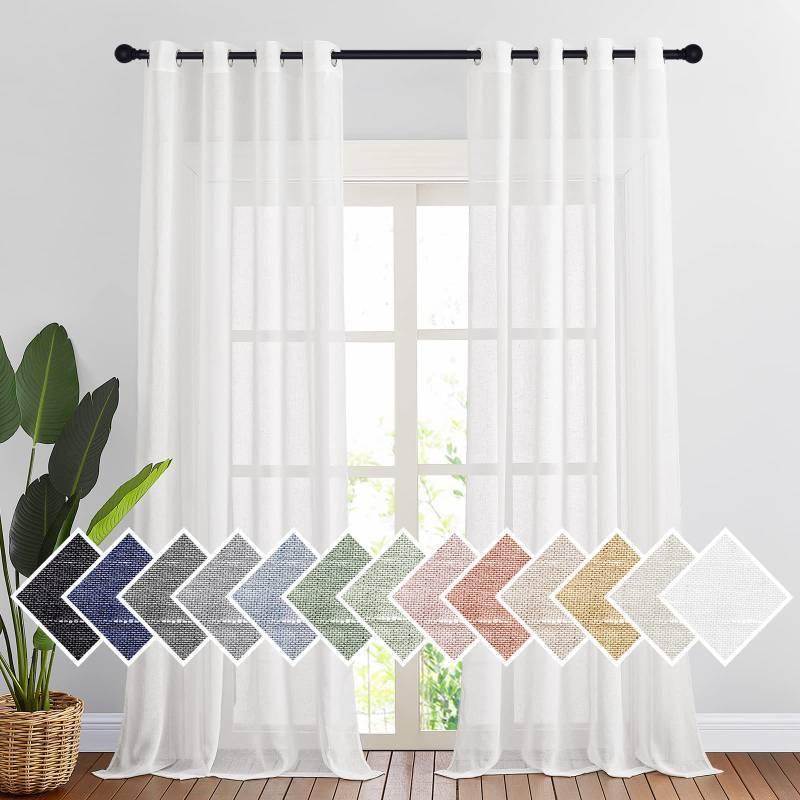 lot 48804 image: NICETOWN White Linen Curtains 108 inches Extra Long 2 Panels Set, Grommet Open Linen Elegant Privacy Semi Sheer Vertical Drapes for FarmhouseFrench DoorLiving Room, W52 x L108 - Retail $26
