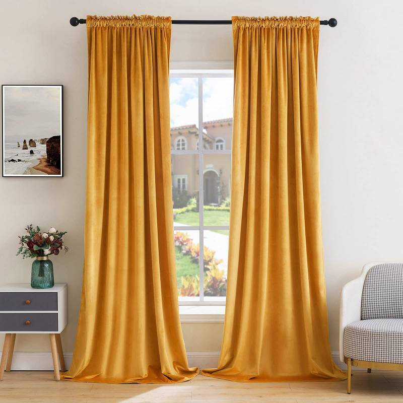 lot 48805 image: MIULEE Mustard Yellow Velvet Curtains Thermal Insulated Blackout Curtain Fall Drapes for Bedroom Living Room Darkening 84 Inches Long Curtains Panels Rod Pocket Set of 2 52 by 84 by 2 - Retail $49