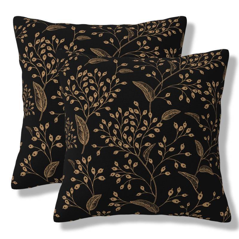 lot 48825 image: ZYLITHO Boho Flowers Throw Pillow Covers Black Gold Floral Leaves Square Pillow Cases 18x18 Inch Set of 2 Vintage Flower Leaf Pillowcase Decorative Cushion Cover for Home Bedroom Couch Sofa - Retail $17