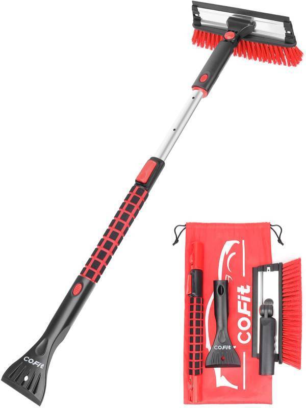 lot 55236 image: COFIT Car Snow Brush with Ice Scraper and Squeegee 3 in 1, 39 Extendable Cleaning Kit Long Handle, Windshield Snow Removal Tool Scratch Free for SUV Truck RV Window Roof Exterior Wash Supplies, Red - Retail $26