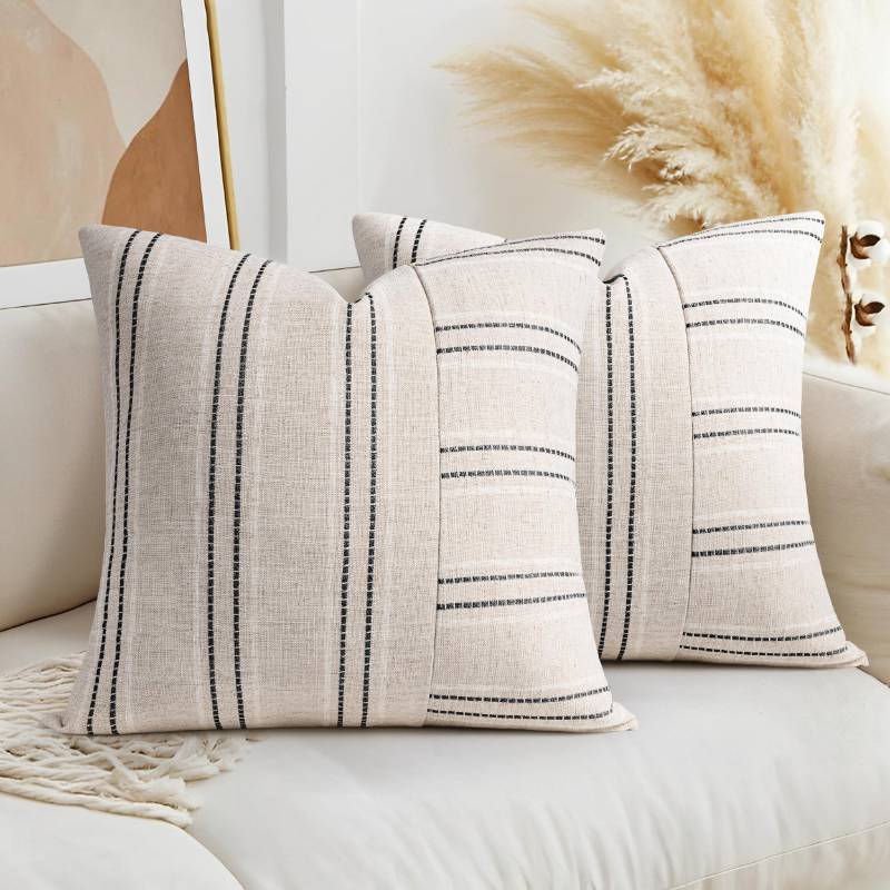 lot 47898 image: AELS 20x20 Decorative Farmhouse Linen Throw Pillow Covers, Boho Textured Pillow Case, Set of 2, Beige with White & Black Stripe Patchwork Cushion Cover for Sofa Couch Living Room (Cover ONLY)