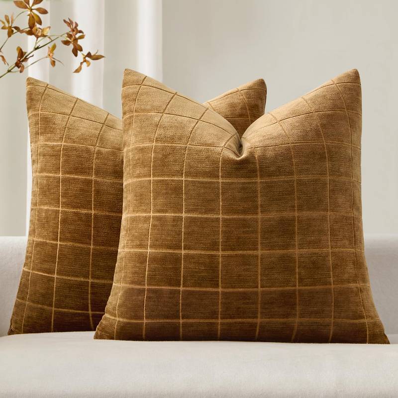 lot 48277 image: MIULEE Decorative Chenille Check Throw Pillow Covers Vintage Plaid Couch Pillows 20x20 Inch Set of 2 Neutral Boho Farmhouse Cushion Covers Modern Home Decor for Sofa Bed Living Room Brown Sugar
