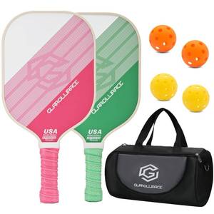 lot 26223 image: Pickleball Paddles Set of 2 Pickle Ball Paddles,USAPA Approved Pickleball Set of 2 Rackets,Fiberglass Surface & 13MM PP Honeycomb Core,Breathable Handle,4 Indoor & Outdoor Balls,1 Pickleball Bag ( A Zipper Broke On Bag) - Retail $56