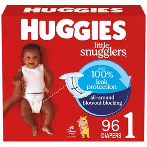 lot 26224 image: Huggies Size 1 Diapers, Little Snugglers Baby Diapers, Size 1 (8-14 lbs), 96 Count, Packaging May Vary - Retail $25
