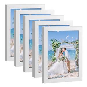 lot 26238 image: HappyHapi 4x6 Picture Frame Set of 5, White Photo Frames Display Photo 3.5x5 with Mat or 4x6 without, Gallery Wall Frame Set for Wall or Tabletop Display (White) - Retail $12