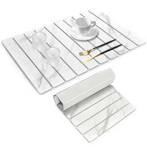 lot 26239 image: Large Stone Dish Drying Mats for Kitchen Counter, 24(L)x16(W) Marble-Pattern, Fast Drying Collapsible Dish Drying Mat, Eco-Friendly Absorbent Diatomaceous Earth Mats for Tableware, Match Countertop - Retail $36