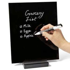 lot 26240 image: Acrylic Black Dry Erase Board with Stand 10x12 Desk Whiteboard for Office, Home or School Reusable Desk Blackboard with Marker Portable Chalkboard Easel for Notes, Reminders & to-Do Lists (Pre Owned) - Retail $28