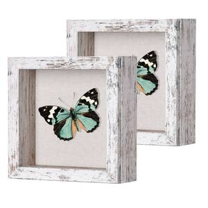 lot 26242 image: 2 Packs 5x5 Shadow Box Frame with Linen Back - Sturdy Rustic Memory Display Case of Flower, Pictures, Medals and More, Distressed White - Retail $16