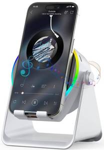 lot 26243 image: Wireless Induction Speaker, 4 in 1 Bluetooth Speaker Phone Stand with RGB Light, 360° Rotation Phone Holder Compatible with iPhone Android iPad Samsung Galaxy, Ideal Birthday Gift for Men Women - Retail $24