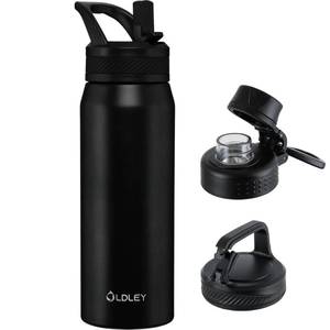 lot 26252 image: OLDLEY 24 oz Insulated Water Bottle With Straw, Stainless Steel Sports Water Cup Flask with 3 Lids(Straw, Spout and Handle Lid) Double Walled Travel Thermal Canteen Mug,Black - Retail $20