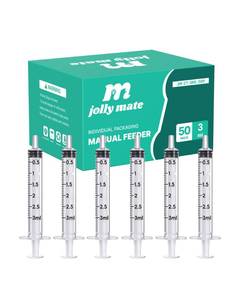 lot 26253 image: JollyMate 50 Pack 3ml Syringes for Liquid, 3cc Oral Syringes without Needle with Cap Individually Wrapped for Pet Feeding, Scientific Labs, Measuring Liquids, Oil & Glue Dispenser - Retail $8