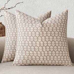 lot 26258 image: MIULEE Block Print Pillow Covers 18x18 Inch Set of 2, Vintage Floral Throw Pillow Cases Neutral Linen Farmhouse Cushion Covers for Couch Sofa Bed Chair Living Room, Cream Oatmea