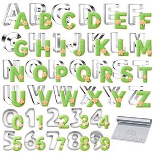 lot 26264 image: 36 Pcs Alphabet & Number Cookie Cutters, 3 Inch Assorted Sizes Stainless Steel Cookie Cutter Sets, Fondant & Dough Fruit Molds for Party Birthday Christmas Decorations, Includes Steel Scraper - Retail $24