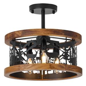 lot 26268 image: Monyohame Farmhouse Rustic Ceiling Light Fixtures - Deer Bear Design, 3-Light Round E12 Base Black Metal Brown Wood Fixture Ideal for Kitchen, Living Room,Foyer, Bedroom, Hallway, and Rustic Style (Wood Needs Repaired) - Retail $76