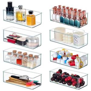 lot 26271 image: Qilinba Clear Drawer Organizer Bins 8 Pack Stackable Storage Bins for Cutlery Vanity Bathroom Deep Drawer Organizer Tray for Kitchen Cabinet Closet Counter Refrigerator Organization and Storage - Retail $24