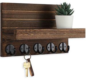 lot 26276 image: Lwenki Key Holder for Wall, Decorative Key and Mail Holder with Shelf Has Large Key Hooks for Bags, Coats Paulownia Wood Key Hanger with Mounting Hardware (9.8W x 6.7H x 4.2D) (Brown) - Retail $15