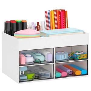 lot 26280 image: LETURE Desktop Organizer with Drawer, Accessories Stationary Organizer Desk Caddy, PenPencilBusiness CardSticky Note TrayPaperclip Holder Storage Box (White) (Corner Cracked) - Retail $10