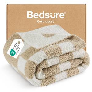 lot 26285 image: Bedsure GentleSoft Checkered Throw Blanket for Couch - Beige Soft Cozy Blanket, Fluffy Warm Fuzzy Knit Throw Blankets for Bed Sofa, Birthday, Valentines Day Decor Gifts for Women Men, 50x60 Inches - Retail $24