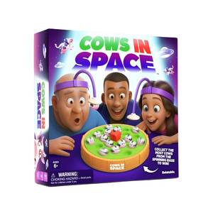 lot 26288 image: Cows in Space by Relatable, The Kid-Friendly Extraterrestrial Easter Family Game for Kids, Fun 2 Player Game, Easter Gifts, Includes 2 UFO Headbands, 1 Electronic Spinning Base, and 21 Cows - Retail $20