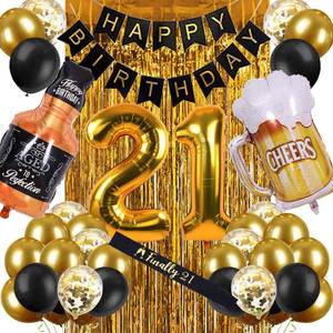 lot 30354 image: 21st Birthday Decorations for Him Men, Happy 21 Bday Decor Black and Gold for Her Women Party Supplies - Retail $15