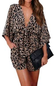 lot 30387 image: PRETTYGARDEN Womens Summer Knot Front V Neck Ruffles Short Sleeve Floral Print Swing Sexy One Piece Jumpsuits Shorts (Brown, XX-Large) - Retail $27