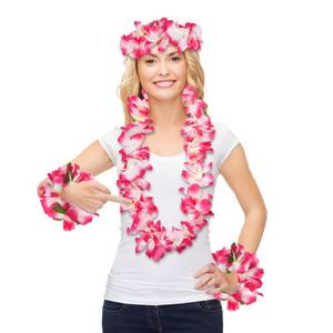 lot 30397 image: GHGMAO 2pk Hawaiian Flower Leis for Luau Parties - Tropical Party Decorations & Favors, Hawaiian Lei Garland Necklaces for Birthdays, Wedding & Summer Beach Vacations (Pink) - Retail $8