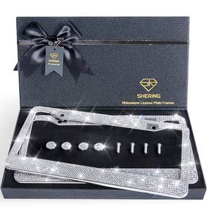 lot 30398 image: Shering Bling License Plate Frame, 2 Pack License Plate Frame with Premium Gift Box for Women,Rhinestone License Plate Frames with 1200pcs Rhinestones(Sliver Rhinestone) - Retail $25
