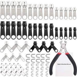 lot 30425 image: TecUnite 85 Pcs Zipper Repair Kit with Replacement Zipper and Pull Nylon Zippers Slider Universal Zippers Repair Kit with Instruction Manual Install Plier for Luggage Jacket Coat Jean Black and Silver - Retail $9