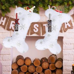 lot 51963 image: CCINEE 2Pack Pet Dog Personalized Christmas Stockings with Wooden Name Tag, Large Bone Shape Xmas Glitter Snowflake Plush Hanging Stockings for Christmas Tree Wall Fireplace Home Decoration - Retail $10