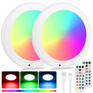 lot 59170 image: Rodalims Shower Lights for Inside Shower - 2 Packs Rechargeable Ceiling Light with Remote, Color Changing & White Timing Light, Motion Sensor Battery Powered Shower Lamp for Bathroom Closet Patio - Retail $40