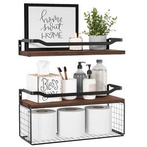 lot 59172 image: WOPITUES Floating Shelves with Wire Storage Basket, Bathroom Shelves Over Toilet with Protective Metal Guardrail, Wood Wall Shelves for Bathroom, Bedroom, Living Room, Toilet Paper- Dark Brown - Retail $23