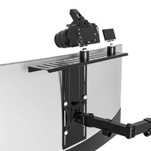 lot 59174 image: 16 inch VESA Monitor Mount Shelf for Streaming - Holds Cameras, Webcams, Microphones & Lights, Height Adjustable, Fits 100x100 mm VESA Pattern, All-in-One Design (Black) - Retail $20