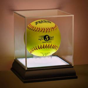 lot 59180 image: Softball Display Case with Led Light, UV Protected Cube with Wood Base Stand, Clear Acrylic Softball Holder for Single Autograph Ball - Retail $25