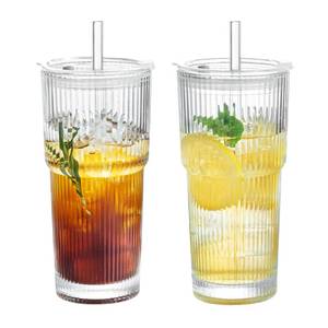 lot 59186 image: Puraville 2 Pack 20oz Glass Cups with Lids and Straws, Vintage Ribbed Glassware for Whiskey Cocktail Beer, Mason Jar Drinking Glasses Tumbler Iced Coffee Cup - Retail $17