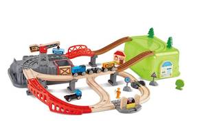 lot 59191 image: Hape Railway Bucket Builder Set  50-Piece Multi-Color Wooden Train Set Toy, Construction Building Kit for Kids - Retail $63